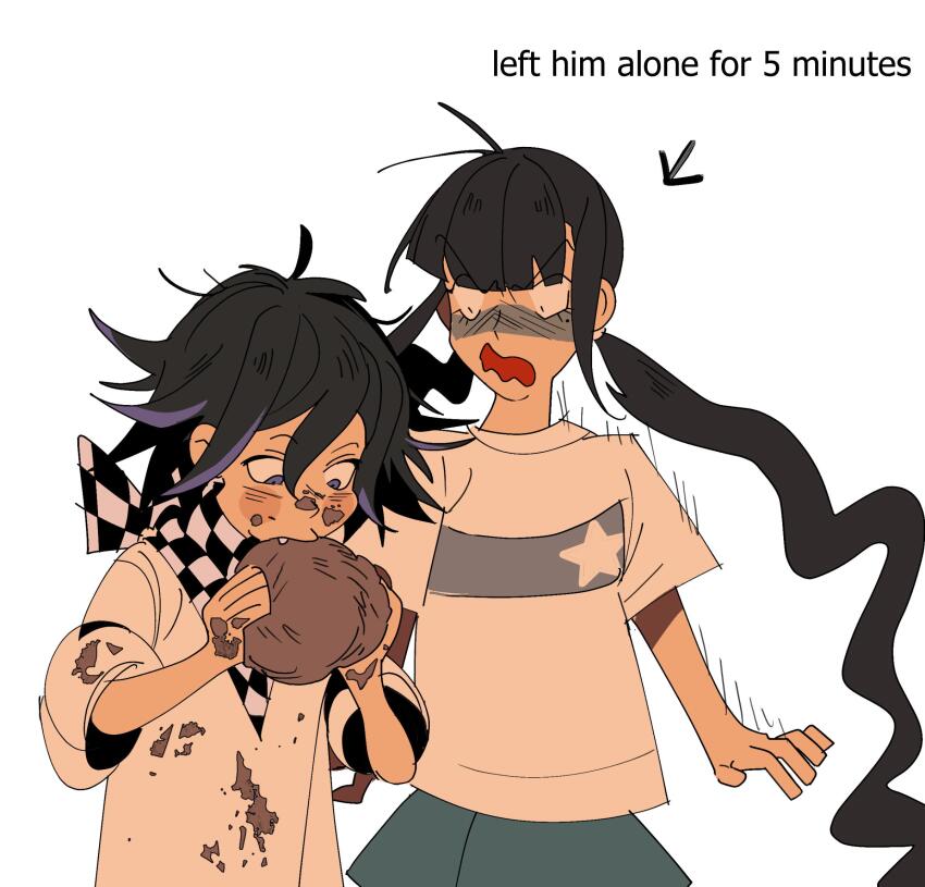 1boy 1girl aged_down ahoge alternate_costume arrow_(symbol) black_hair blue_skirt checkered_clothes checkered_neckerchief child commentary danganronpa_(series) danganronpa_v3:_killing_harmony dirty dirty_clothes dirty_face eating english_commentary english_text fang flipped_hair food_bite hair_between_eyes highres imminent_bite long_hair lovepoints male_focus mud neckerchief oma_kokichi open_mouth purple_eyes purple_hair shirt short_hair simple_background skirt surprised t-shirt upper_body white_background