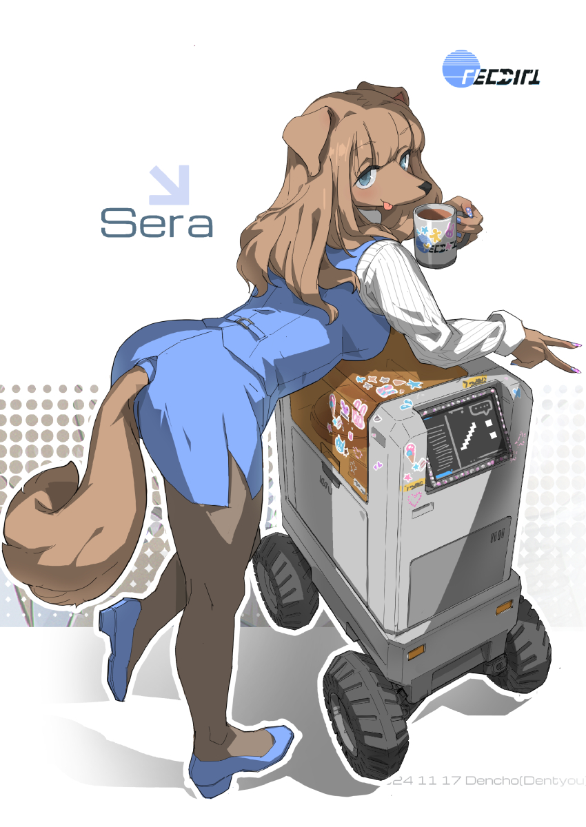 1girl :p absurdres animal_ears animal_nose artist_name blue_shoes blue_skirt brown_hair character_name clothing_cutout coffee computer cup dated denchou dog_ears dog_girl dog_tail floppy_ears furry furry_female highres holding holding_cup leaning_forward long_hair long_sleeves mug multicolored_nails nail_polish office_lady original pencil_skirt pinstripe_pattern pinstripe_shirt shirt shoes skirt snout solo sticker tail tail_through_clothes tongue tongue_out v wheel white_shirt