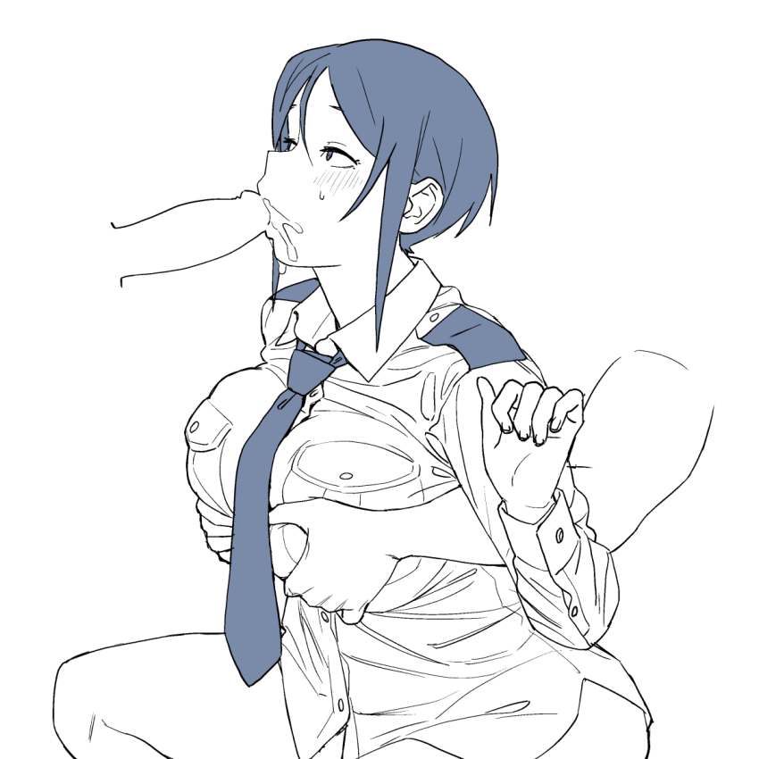 1girl 2boys blush bottomless breasts chouno_ami cum cum_in_mouth disembodied_penis fellatio girls_und_panzer grabbing_another&#039;s_breast grabbing_from_behind groping hetero highres large_breasts multiple_boys onsen_tamago_(hs_egg) oral penis short_hair sketch