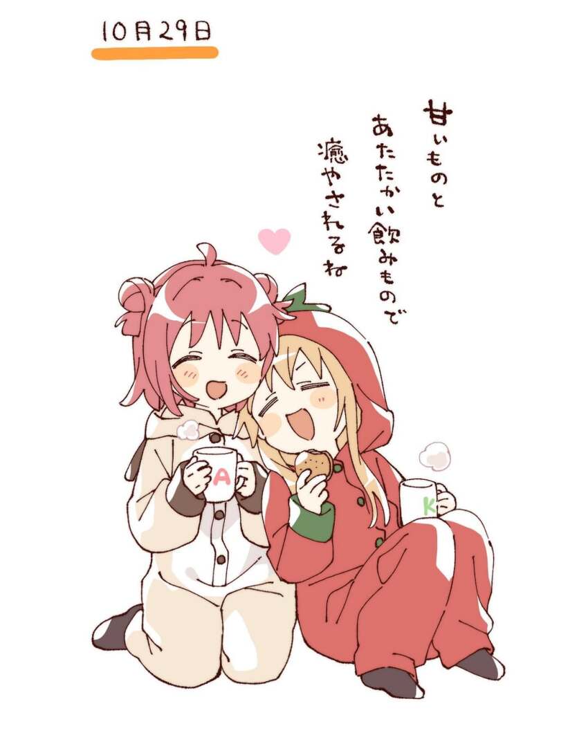 2girls :d ^_^ ahoge akaza_akari animal_costume blonde_hair blush_stickers brown_socks buttons closed_eyes commentary_request cookie cup dog_costume double_bun food full_body hair_bun heart highres holding holding_cookie holding_cup holding_food hood hood_up long_hair long_sleeves multiple_girls namori open_mouth red_hair short_hair simple_background sitting smile socks tomato_costume toshinou_kyouko translation_request white_background yuruyuri
