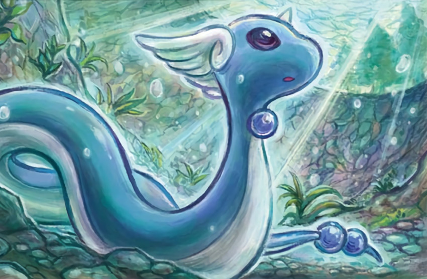 black_eyes creature day dragonair full_body gen_1_pokemon horns looking_up nintendo no_humans official_art outdoors pokemon pokemon_(creature) pokemon_tcg rock seaweed single_horn solo sowsow sunlight third-party_source tree underwater water