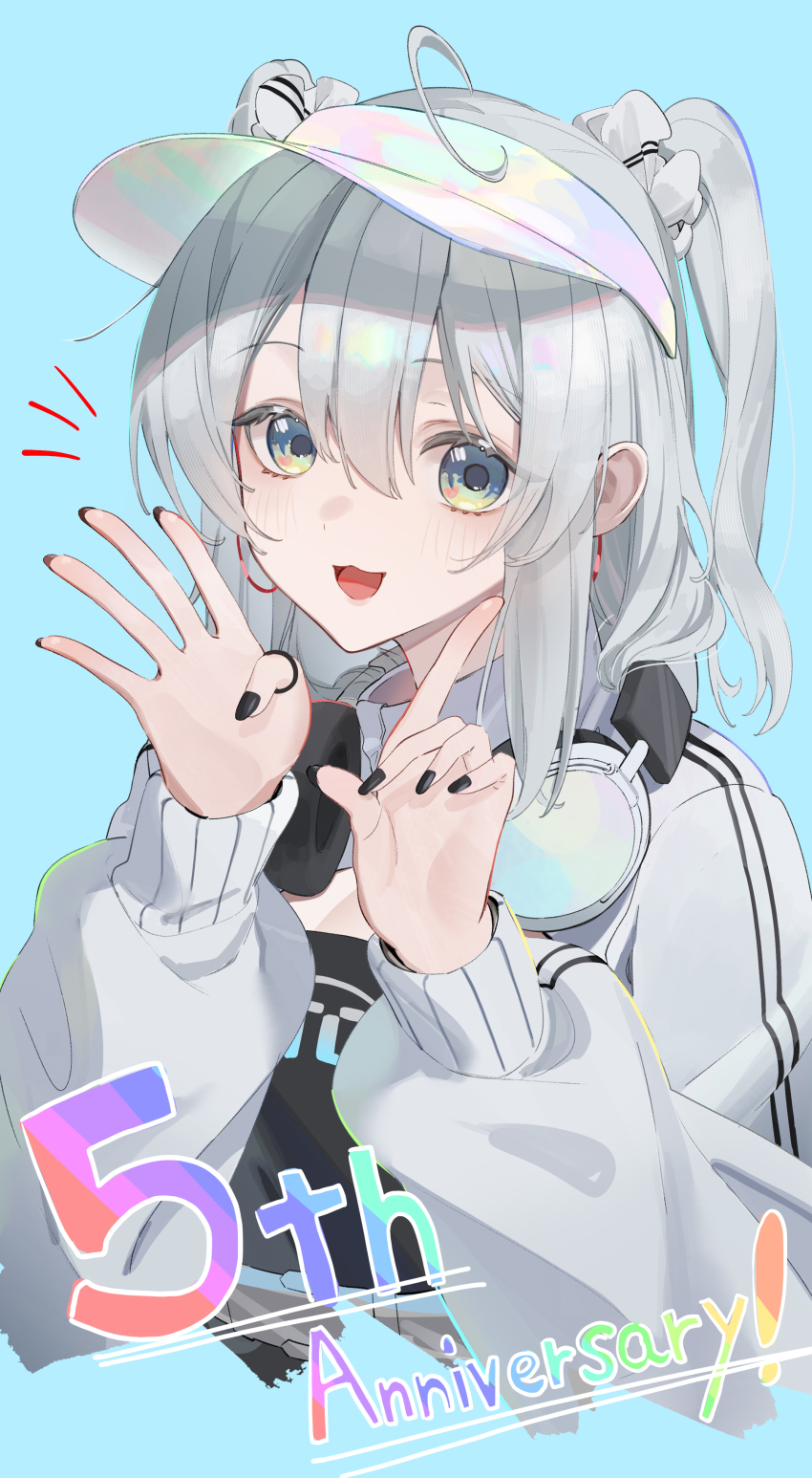 1girl absurdres ahoge anniversary black_nails blue_background blush commentary_request edible_sus green_eyes grey_hair headphones headphones_around_neck highres indie_virtual_youtuber long_sleeves looking_at_viewer nekomugi_tororo notice_lines open_mouth solo virtual_youtuber visor_cap