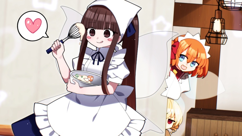 3girls :d :q apron blonde_hair blue_eyes blunt_bangs blush_stickers bow brown_eyes brown_hair closed_mouth commentary cooking fairy fairy_wings frilled_apron frills hair_bow headscarf heart highres holding holding_whisk indoors long_hair luna_child mixing_bowl multiple_girls open_mouth orange_hair red_bow red_eyes short_hair short_sleeves smile spoken_heart star_sapphire sunny_milk tongue tongue_out touhou whisk white_headscarf wings you_(noanoamoemoe)