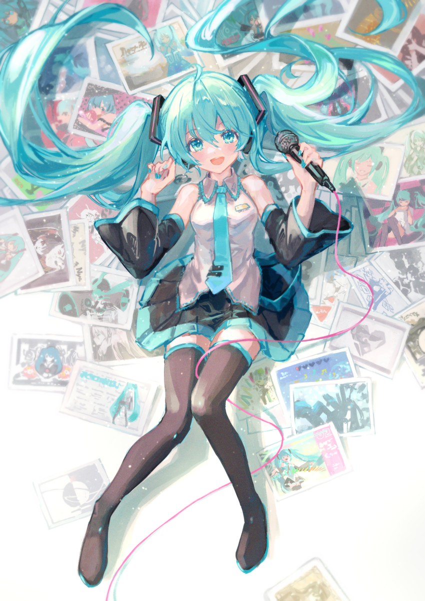 1girl absurdres black_thighhighs hatsune_miku hatsune_miku_no_shoushitsu_(vocaloid) highres looking_at_viewer marutani microphone musunde_hiraite_rasetsu_to_mukuro_(vocaloid) necktie nisoku_hokou_(vocaloid) open_mouth shinkai_shoujo_(vocaloid) smile thighhighs twintails ura-omote_lovers_(vocaloid) vocaloid