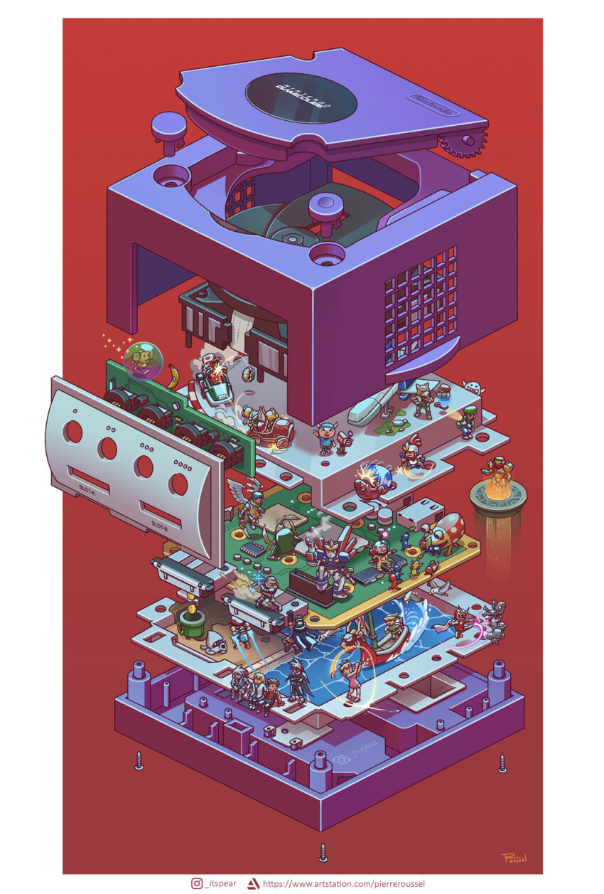 4girls 6+boys _double_dash!! aiai_(super_monkey_ball) animal_crossing arm_cannon armor arwing assault_visor banana billy_hatcher billy_hatcher_and_the_giant_egg bird blooper_(mario) blue_pikmin boat boo_(mario) border bulborb character_request colette_brunel copyright_request crossover custom_robo diddy_kong dress exploded_diagram f.l.u.d.d. fire_emblem fire_emblem:_mystery_of_the_emblem flashlight flying food fox_mccloud fruit game_console gamecube general_pepper ghost golf_club hat highres holding holding_flashlight holding_golf_club hologram kicking koopa_paratroopa koopa_troopa kratos_aurion link lloyd_irving luigi luigi&#039;s_mansion mailbox_(incoming_mail) mario mario_(series) mario_golf mario_golf:_toadstool_tour mario_k mario_kart marth_(fire_emblem) mecha metroid metroid_prime metroid_prime_(game) multiple_boys multiple_crossover multiple_girls nintendo olimar pierre_roussel pikmin_(series) pikmin_1 pink_dress power_armor racing ray_(custom_robo) red_background red_pikmin robot samus_aran seagull sheik shell smile star_fox star_fox_adventures super_mario_sunshine super_monkey_ball super_smash_bros. tales_of_(series) tales_of_symphonia the_legend_of_zelda the_legend_of_zelda:_ocarina_of_time the_legend_of_zelda:_the_wind_waker toad_(mario) toon_link viewtiful_joe viewtiful_joe_(character) villager_(animal_crossing) water watercraft waving weapon white_border white_hat wings yellow_pikmin zelos_wilder