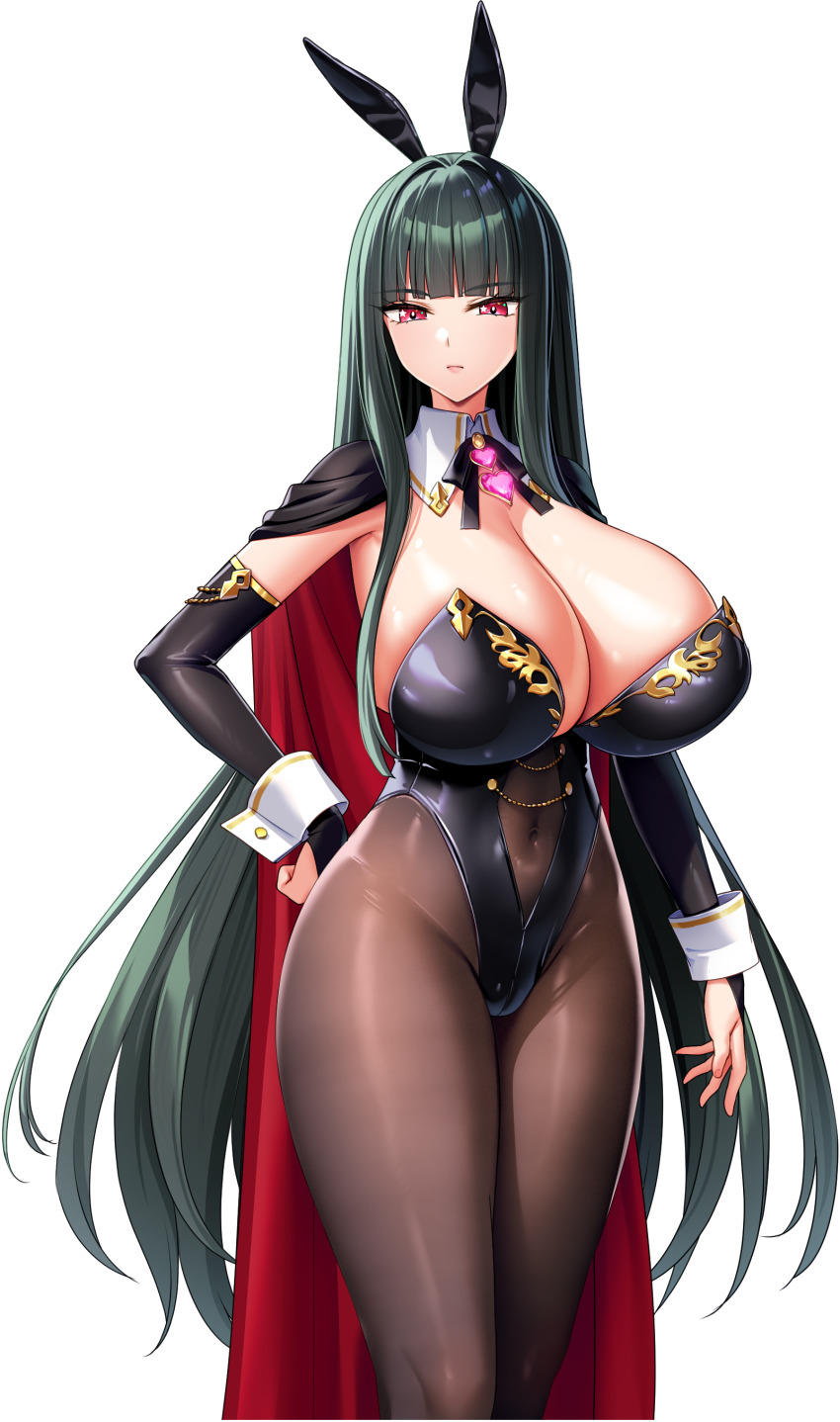 1girl :| absurdres animal_ears arm_at_side black_bridal_gauntlets black_cape black_leotard black_pantyhose blunt_bangs breasts bridal_gauntlets brooch cape cleavage clenched_hand closed_mouth clothing_cutout covered_navel derauea detached_collar game_cg green_hair hand_on_own_hip heart heart_brooch heles_flamberge_rabia highleg highleg_leotard highres huge_breasts jewelry leotard light_blush long_hair long_sidelocks looking_at_viewer motto!_haramase!_honoo_no_oppai_isekai_oppai_bunny_gakuen! navel_cutout non-web_source official_art pantyhose playboy_bunny rabbit_ears rabbit_girl red_cape red_eyes sidelocks solo standing star_(symbol) star_in_eye strapless strapless_leotard symbol_in_eye tachi-e transparent_background two-sided_cape two-sided_fabric very_long_hair white_wrist_cuffs wrist_cuffs