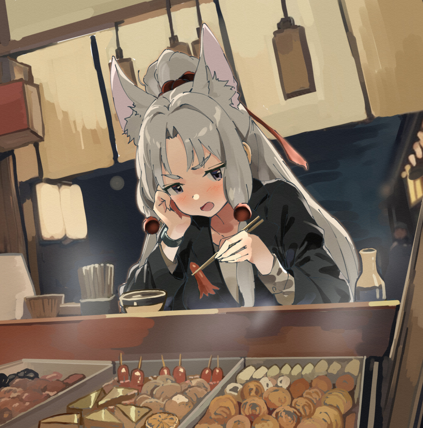 1girl animal_ear_fluff animal_ears black_jacket blush chopsticks commentary_request food food_art grey_eyes grey_hair grey_shirt high_ponytail highres holding holding_chopsticks jacket lamb_(hitsujiniku) long_hair long_sleeves open_mouth parted_bangs ponytail shirt solo tako-san_wiener thick_eyebrows touhoku_itako upper_body v-shaped_eyebrows very_long_hair voiceroid