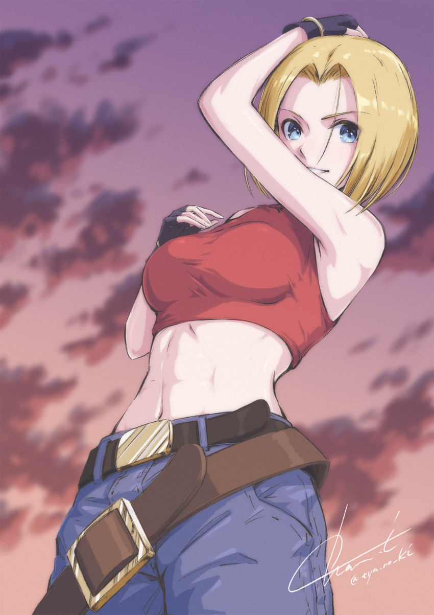1girl absurdres belt belt_buckle black_gloves blonde_hair blue_eyes blue_mary blue_pants blurry blurry_background breasts buckle cloud cowboy_shot crop_top dust fatal_fury fingerless_gloves gloves gradient_sky hand_on_own_head highres linea_alba looking_at_viewer loose_belt medium_breasts midriff muscular muscular_female navel pants parted_lips red_tank_top short_hair signature sky snk solo tank_top the_king_of_fighters twitter_username tyanoki