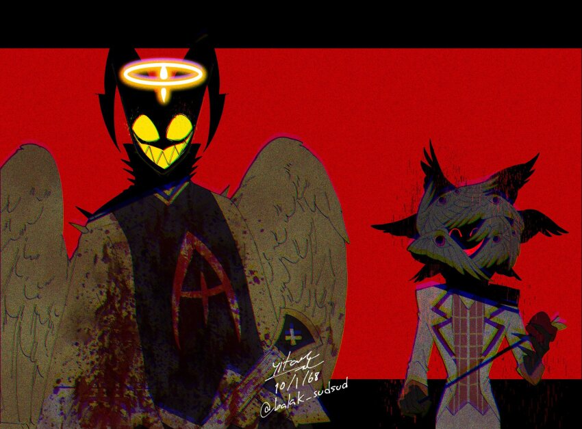2boys adam_(hazbin_hotel) angel angel_wings apple artist_name black_eyes black_skin blood blood_on_clothes blue_robe cane colored_skin cowboy_shot curled_horns dated demon demon_boy demon_horns electric_guitar empty_eyes evil_grin evil_smile extra_eyes feathers film_grain fingernails food formal_clothes fruit glowing glowing_eyes glowing_halo glowing_mask glowing_teeth grin guitar halo hazbin_hotel head_wings heavy_film_grain highres holding holding_cane holding_guitar holding_instrument horns horror_(theme) instrument lapel_chain letterboxed long_sleeves looking_at_viewer lucifer_morningstar_(hazbin_hotel) mask multiple_boys multiple_wings pants pink_vest red_background robe seraph seraph_wings sharp_fingernails signature sinister smile spikes striped_clothes striped_vest suit twitter_username two-tone_robe vertical-striped_clothes vertical-striped_vest vest white_feathers white_pants white_suit white_wings wide_sleeves wing_eyes wings yellow_eyes yellow_feathers yellow_robe yellow_sleeves yellow_teeth yellow_wings yitaraziel