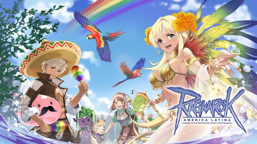 1girl 2boys absurdres alpaca beanie bikini bird blonde_hair blue_eyes blue_shirt blue_sky breasts brown_coat brown_eyes brown_hair brown_pants brown_shorts chest_guard cloud coat coin_(ornament) commentary cowboy_shot dancer_(ragnarok_online) deviling english_commentary facial_hair flower fur-trimmed_sleeves fur_trim gunslinger_(ragnarok_online) hair_intakes harem_pants hat highres holding holding_instrument holding_maracas instrument jewelry long_sleeves looking_at_viewer maracas medium_breasts muka_(ragnarok_online) multiple_boys mustache navel neck_ring novice_(ragnarok_online) official_art open_clothes open_coat open_mouth orange_flower pants parrot poring ragnarok_online rainbow red_eyes sequins shawl shirt short_sleeves shorts sky slime_(creature) smile sombrero swimsuit white_hair white_pants yellow_bikini
