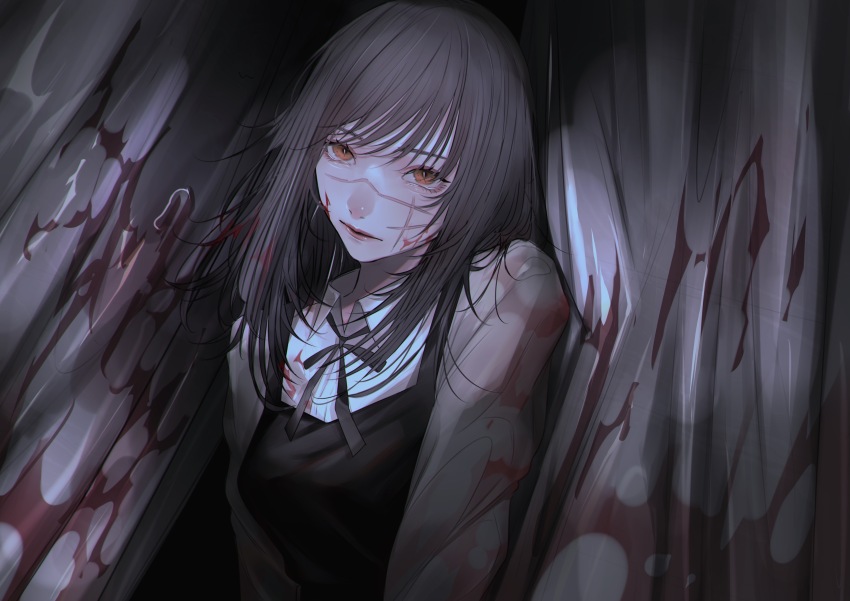 1girl absurdres aegyo_sal black_dress black_hair black_ribbon blood blood_in_hair blood_on_clothes blood_on_curtains chainsaw_man collared_shirt commentary_request cross_scar curtains dress facial_scar highres light_smile lips long_sleeves looking_at_viewer mano_aaa medium_hair mitaka_asa neck_ribbon orange_eyes parted_lips pinafore_dress ribbon scar scar_on_cheek scar_on_face scar_on_nose shirt sleeveless sleeveless_dress solo upper_body white_shirt