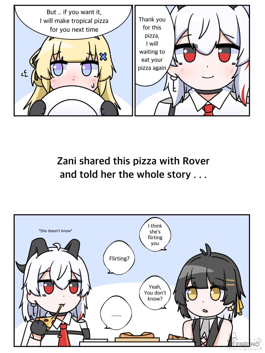 3girls ahoge bare_shoulders black_choker black_eyes black_gloves black_hair black_horns blonde_hair blue_eyes blush choker closed_mouth colored_inner_hair commentary curled_horns earrings eating english_commentary english_text female_rover_(wuthering_waves) flying_sweatdrops food gloves hair_ornament hair_ribbon hat highres holding holding_food holding_pizza holding_unworn_clothes holding_unworn_hat horns jewelry key_earrings long_hair looking_at_another multicolored_eyes multicolored_hair multiple_girls necktie phoebe_(wuthering_waves) pizza red_eyes red_necktie ribbon rover_(wuthering_waves) shirt smile streaked_hair tenrino two-tone_eyes unworn_hat unworn_headwear white_hair white_hat white_shirt wuthering_waves x_hair_ornament yellow_eyes yellow_ribbon zani_(wuthering_waves)