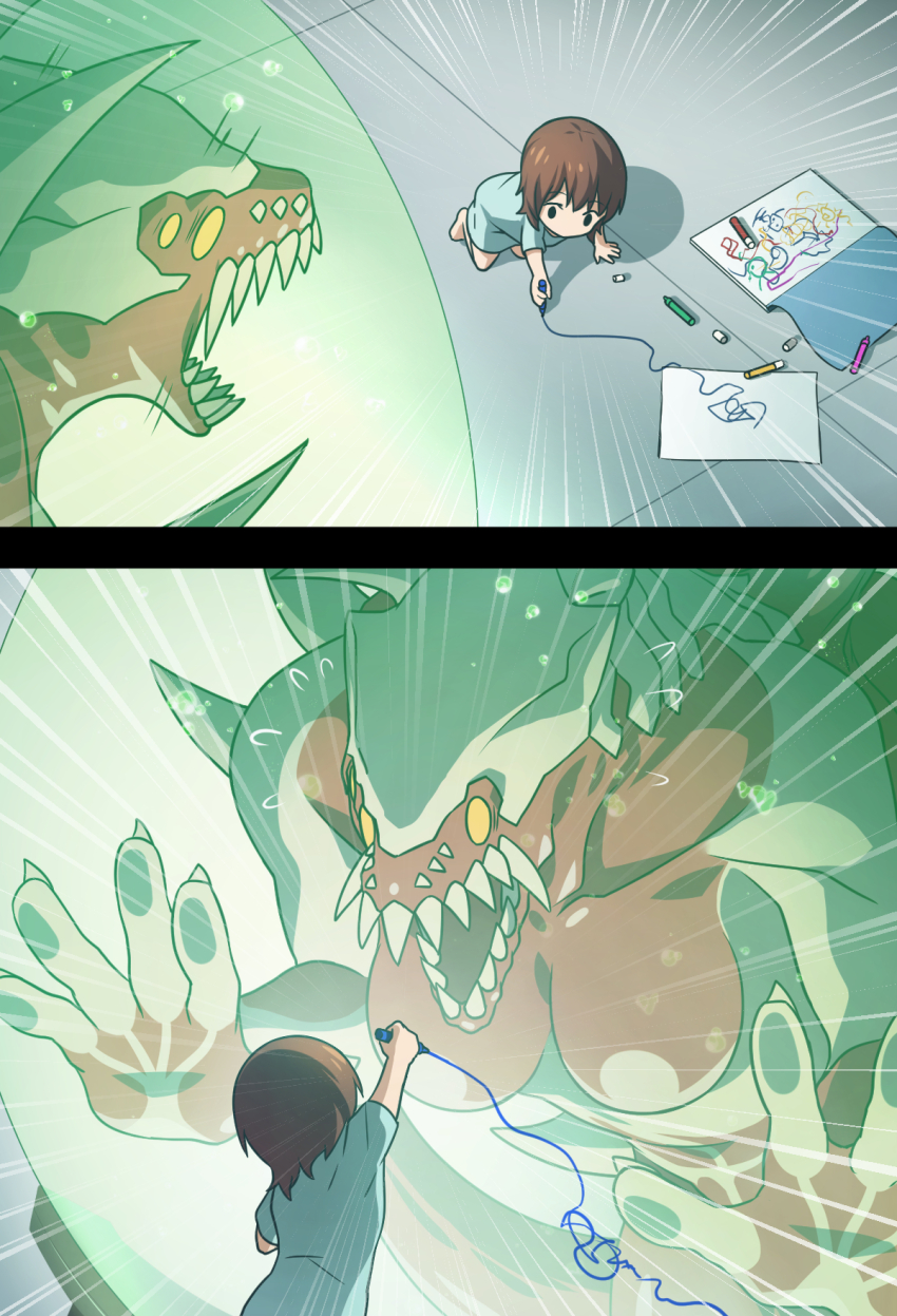 1girl against_glass all_fours black_eyes brown_hair child crayon drawing_(action) drawing_(object) emphasis_lines extra_eyes flying_sweatdrops from_above highres holding holding_crayon layer_(reishuu) monster no_sclera on_floor open_mouth original paper sequential sharp_teeth shirt short_hair size_difference surprised teeth toddler white_shirt yellow_eyes