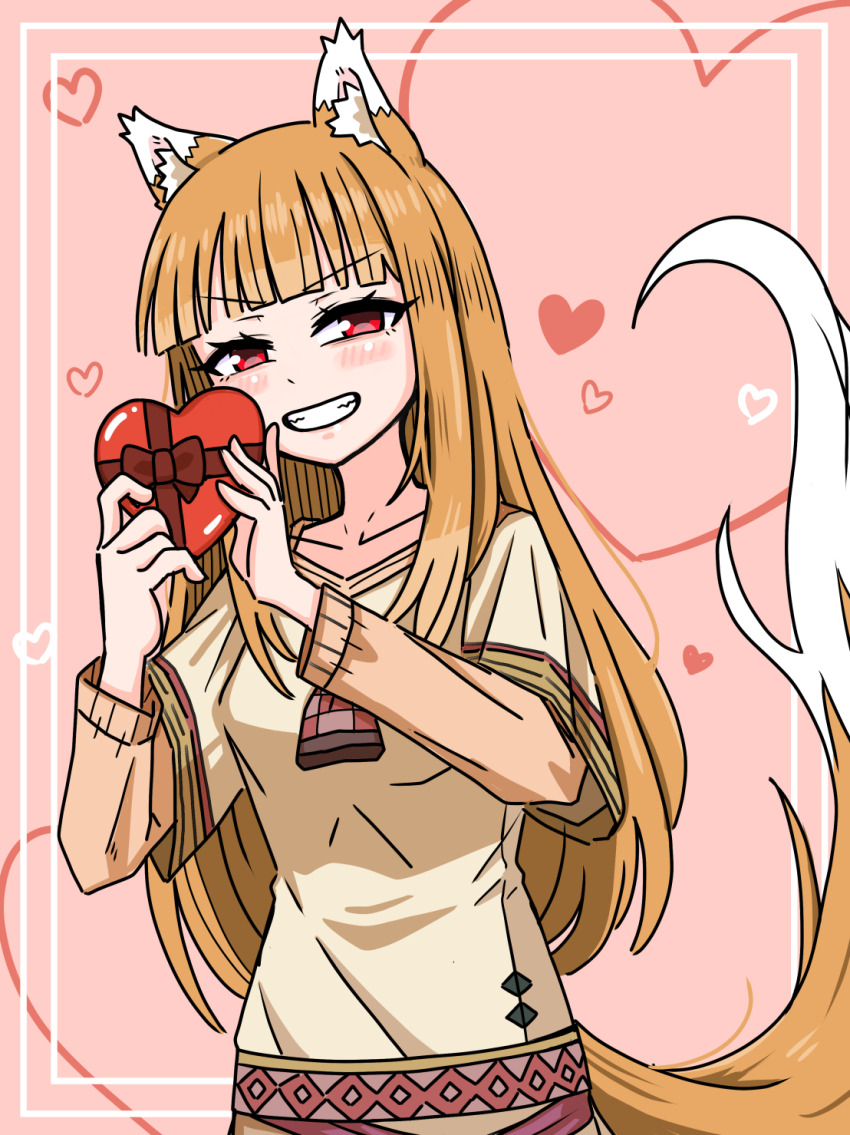 1girl :d akuma0320 animal_ear_fluff animal_ears blunt_bangs blush box brown_hair collarbone commentary cowboy_shot gift grin hands_up heart heart-shaped_box highres holding holding_gift holo long_hair long_sleeves looking_at_viewer open_mouth pink_background red_eyes shirt short_sleeves sidelocks simple_background smile smug solo spice_and_wolf straight_hair tail tail_raised v-shaped_eyebrows valentine white_shirt wolf_ears wolf_girl wolf_tail