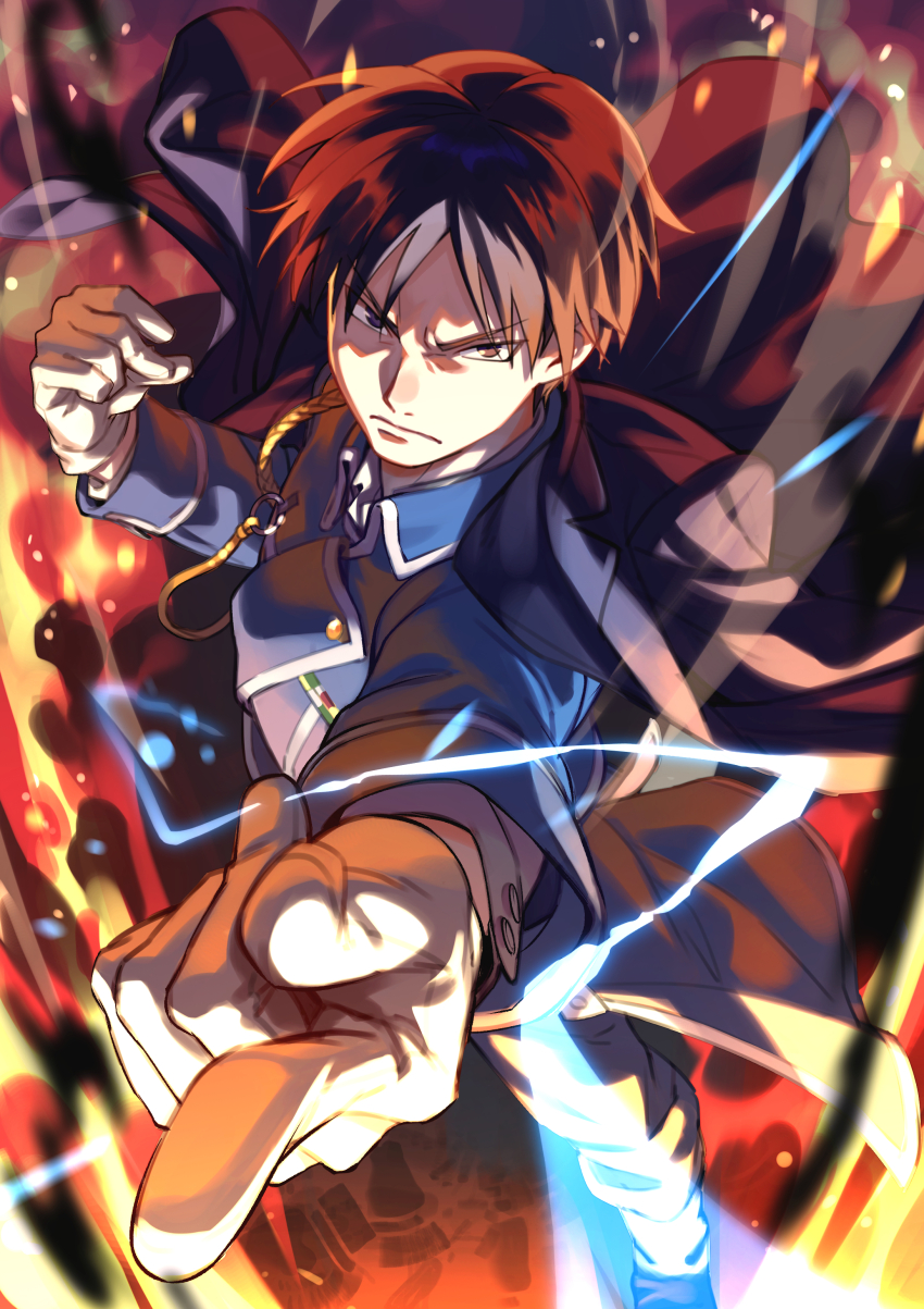 1boy absurdres aiguillette alchemy amestris_military_uniform ashes black_coat black_eyes black_hair blue_jacket buttons closed_mouth coat coat_on_shoulders collared_jacket collared_shirt double-breasted dress_shirt dust_cloud electricity embers explosion fighting_stance fire fisheye footprints foreshortening from_above frown full_body fullmetal_alchemist glaring gloves hand_up highres jacket legs_apart light_particles long_sleeves looking_at_viewer looking_up male_focus military military_jacket military_uniform motion_blur o-ring outstretched_arm pants parted_bangs reaching reaching_towards_viewer ribbon_bar roy_mustang serious shade shirt sidelighting silver_trim smoke snapping_fingers spiked_hair standing tsurime uedrk_yamato v-shaped_eyebrows white_gloves white_shirt wind wind_lift