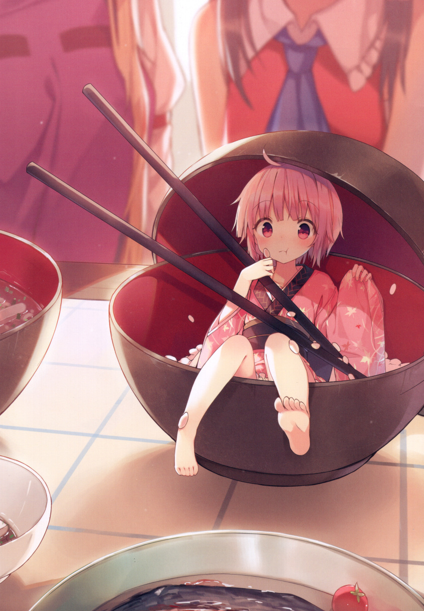 3girls absurdres ahoge ascot barefoot black_hair black_sash blonde_hair blue_ascot blurry blurry_background bowl chopsticks eating food hakurei_reimu head_out_of_frame highres japanese_clothes kimono long_sleeves mini_person minigirl multiple_girls obi pink_kimono plate purple_eyes purple_hair purple_tabard red_shirt rice sash shirt shnva short_hair soup sukuna_shinmyoumaru tabard table third-party_source touhou wide_sleeves yakumo_yukari