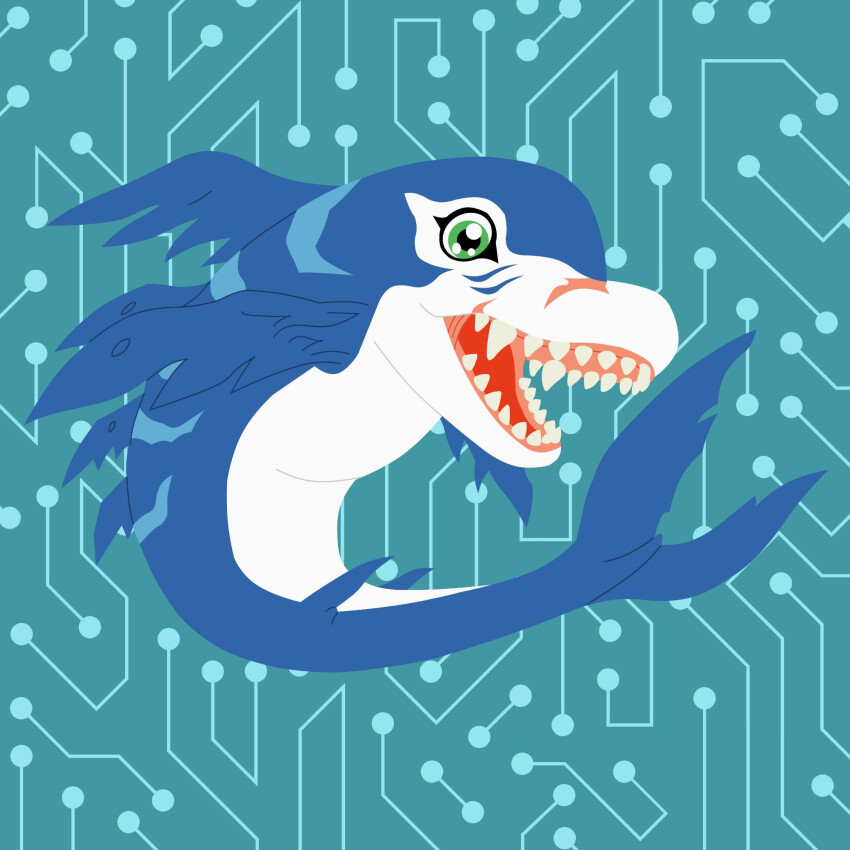 digimon digimon_(creature) dolphin highres rukamon sharp_teeth solo tail teeth