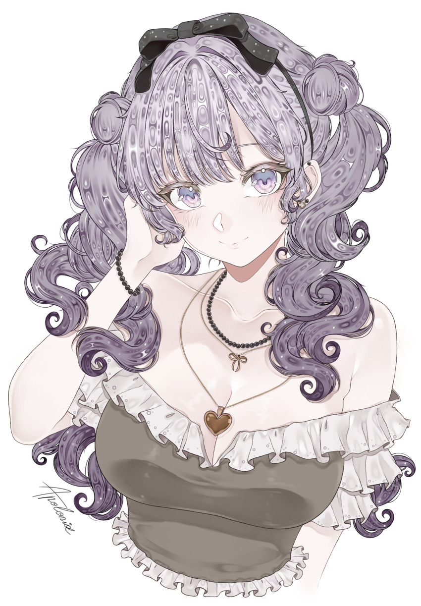 1girl apolonia-07 bare_shoulders blush bow breasts hair_ornament highres ibispaint_(medium) jewelry long_hair looking_at_viewer necklace purple_eyes purple_hair self-upload shirt simple_background smile solo the_hundred_line_-last_defense_academy- tsukumo_kako very_long_hair