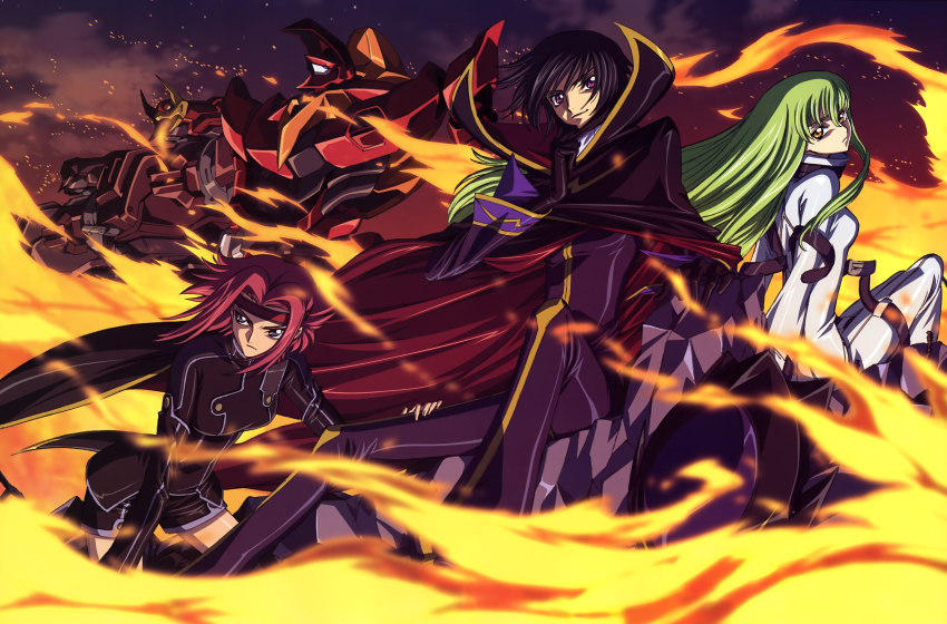1boy 2girls absurdres black_hair c.c. code_geass fire green_hair guren_(code_geass) guren_mk-ii highres kouzuki_kallen lelouch_vi_britannia long_hair mecha multiple_girls nakatani_seiichi order_of_the_black_knights_uniform purple_eyes red_hair robot short_hair yellow_eyes