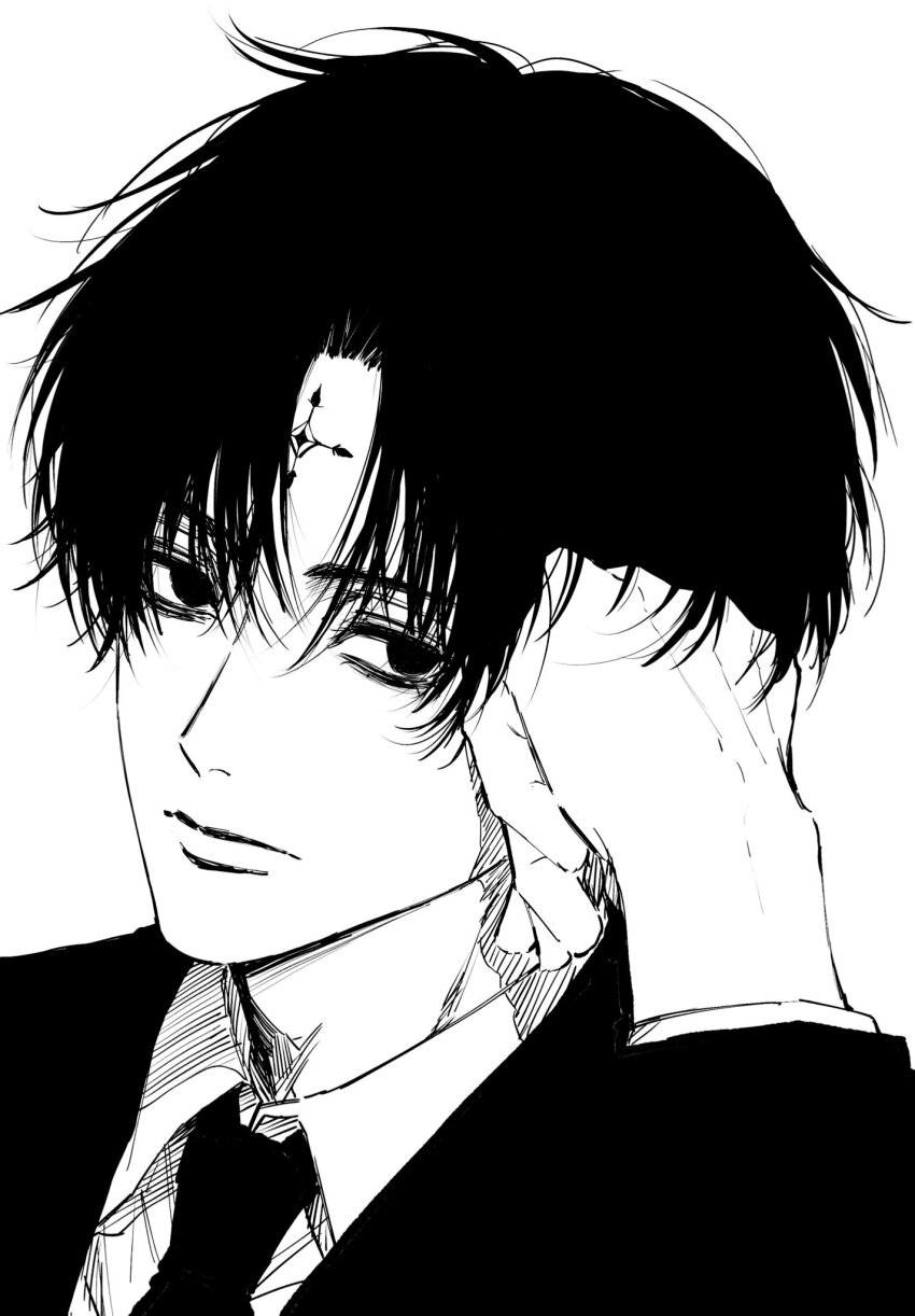 1boy black_hair black_suit chrollo_lucilfer cross_tattoo curtained_hair expressionless facial_mark facial_tattoo forehead_mark forehead_tattoo formal_clothes greyscale highres hunter_x_hunter long_sleeves looking_at_viewer male_focus monochrome necktie simple_background solo sso_s suit tattoo white_background