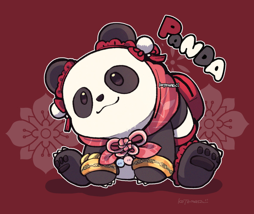 :3 animal_focus bear black_eyes bracelet bright_pupils bun_cover claws gold_bracelet kotorai looking_ahead no_humans panda panda_(tekken) pawpads red_background red_bag signature sitting smile tekken white_pupils
