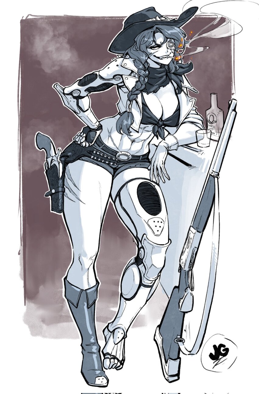 1girl abs bottle braid braided_ponytail breasts cigarette cleavage cowboy_hat cropped_jacket cyborg full_body gloves gun hat highres initial jacket jgeorgedrawz large_breasts long_hair looking_at_viewer mechanical_arms mechanical_legs navel open_clothes open_jacket original short_shorts shorts shotgun single_glove single_mechanical_arm single_mechanical_eye single_mechanical_leg sleeveless sleeveless_jacket smoking solo weapon weapon_request