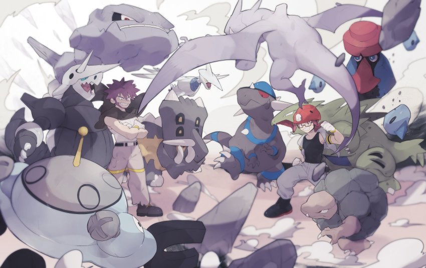 2boys absurdres aerodactyl aggron baggy_pants bastiodon belt black_footwear black_shirt boots byron_(pokemon) cape crossed_arms father_and_son gen_1_pokemon gen_2_pokemon gen_3_pokemon gen_4_pokemon glasses gloves golem_(pokemon) grey_jacket grey_pants grin gym_leader helmet highres jacket magnezone male_focus mimura_(nnnnnnnnmoo) multiple_boys nintendo pants pokemon pokemon_(creature) pokemon_dppt probopass rampardos red_eyes red_hair red_headwear roark_(pokemon) shirt short_sleeves skarmory smile spiked_hair steelix tyranitar white_gloves white_shirt