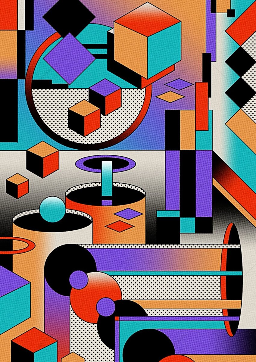 abstract circle colorful commentary cube cylinder halftone highres hole machigami_yoh no_humans original polka_dot rectangle square symbol-only_commentary watermark