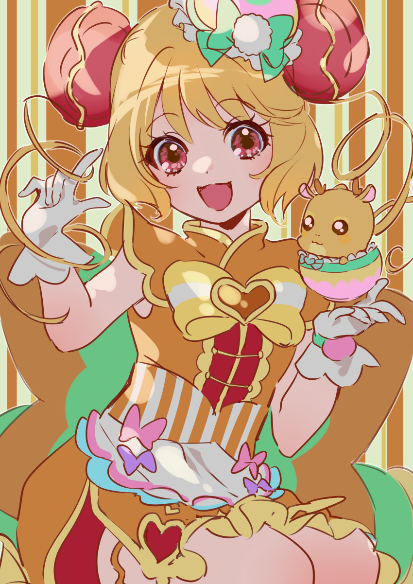 1girl :d absurdres blonde_hair bow brooch cure_yum-yum delicious_party_precure dress gloves green_bow hair_ornament hanamichi_ran heart heart_brooch highres jewelry long_hair looking_at_viewer mem-mem_(precure) open_mouth orange_dress precure red_eyes shipu_(gassyumaron) smile solo white_gloves