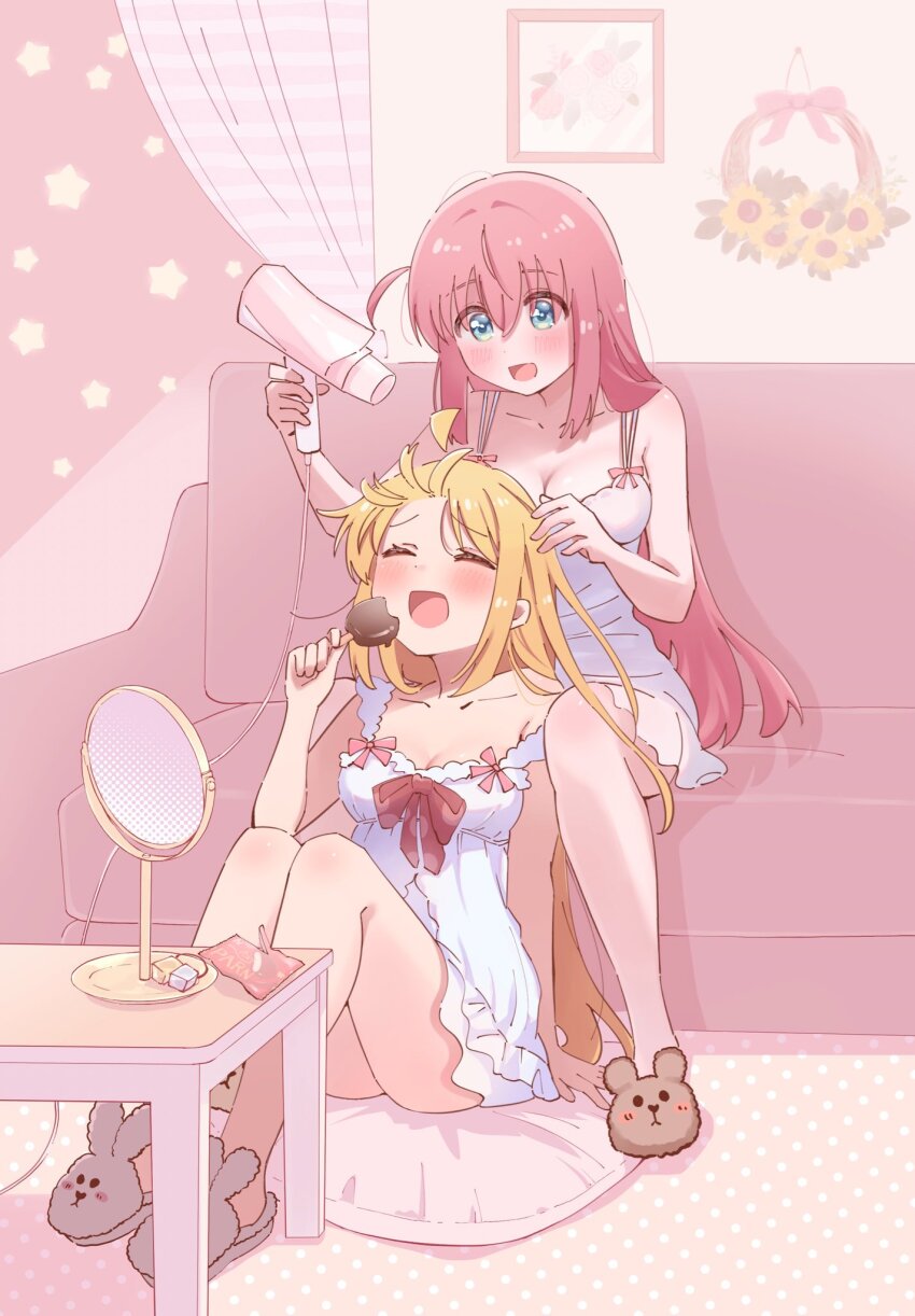 2girls :d ^_^ ahoge alternate_costume animal_slippers arm_at_side bear_slippers between_legs blonde_hair blue_eyes blush bocchi_the_rock! bow breasts bunny_slippers closed_eyes closed_mouth collarbone comiket_103 commentary_request couch cube_hair_ornament dress drying drying_another&#039;s_hair drying_hair erinko604 eyes_visible_through_hair food frilled_dress frills full_body gotoh_hitori hair_between_eyes hair_down hair_dryer hair_ornament hand_up highres holding holding_food holding_hair_dryer holding_popsicle ijichi_nijika indoors knees_up large_breasts legs_together long_hair looking_at_another looking_down loungewear medium_breasts multiple_girls on_couch on_floor one_side_up open_mouth pink_bow pink_hair pink_theme popsicle sidelocks sitting sleeveless sleeveless_dress slippers smile star_(symbol) straight_hair strap_slip table unworn_hair_ornament very_long_hair white_dress