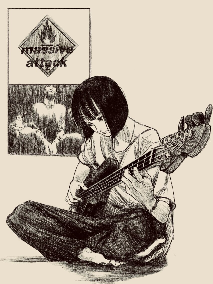 1girl black_hair bob_cut crossed_legs full_body greyscale guitar highres holding holding_instrument instrument medium_hair monochrome music original playing_instrument sign sitting solo tp_p_pt