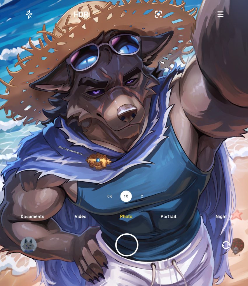 1boy abs animal_ears arm_up armpits bara beach biceps black_fur blaidd_the_half-wolf blue_cape blue_tank_top camera_pov cape claws commentary dog_nose elden_ring english_commentary etrosamu eyewear_on_head furry furry_male hand_on_own_hip hat highres looking_at_viewer male_focus muscular muscular_male ocean pectorals scar scar_on_face selfie shorts smile straw_hat sunglasses tank_top viewfinder waves white_shorts wolf_boy wolf_ears