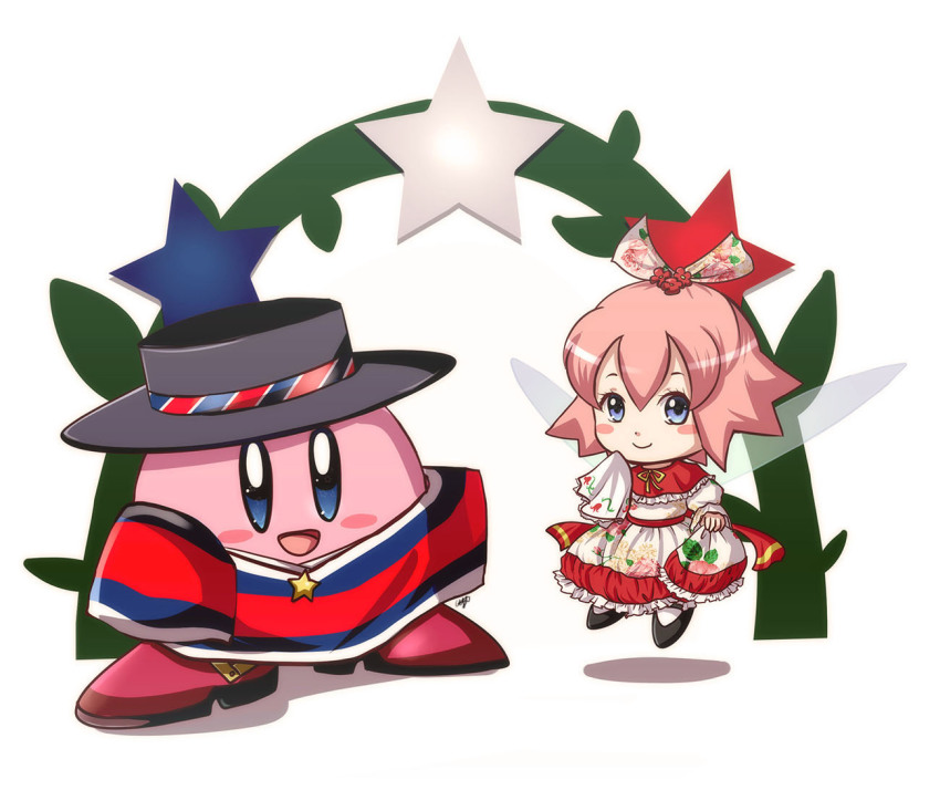 1boy 1girl alternate_costume blue_eyes blush_stickers chile dress fairy fairy_wings frilled_dress frills hat kirby kirby_(series) konna-nani nintendo open_mouth pink_hair poncho ribbon_(kirby) short_hair smile wings