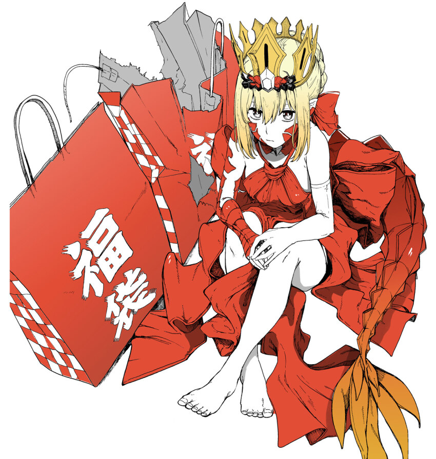 1girl ahoge bare_shoulders barefoot blonde_hair braid breasts crown dragon_tail dress elbow_gloves facial_mark fate/grand_order fate_(series) french_braid gloves gold_crown hair_bun hair_intakes hair_ribbon highres long_hair looking_at_viewer nero_claudius_(fate) pointy_ears queen_draco_(fate) queen_draco_(first_ascension)_(fate) red_dress red_ribbon ribbon scales single_glove sitting small_breasts solo syatey tail white_gloves