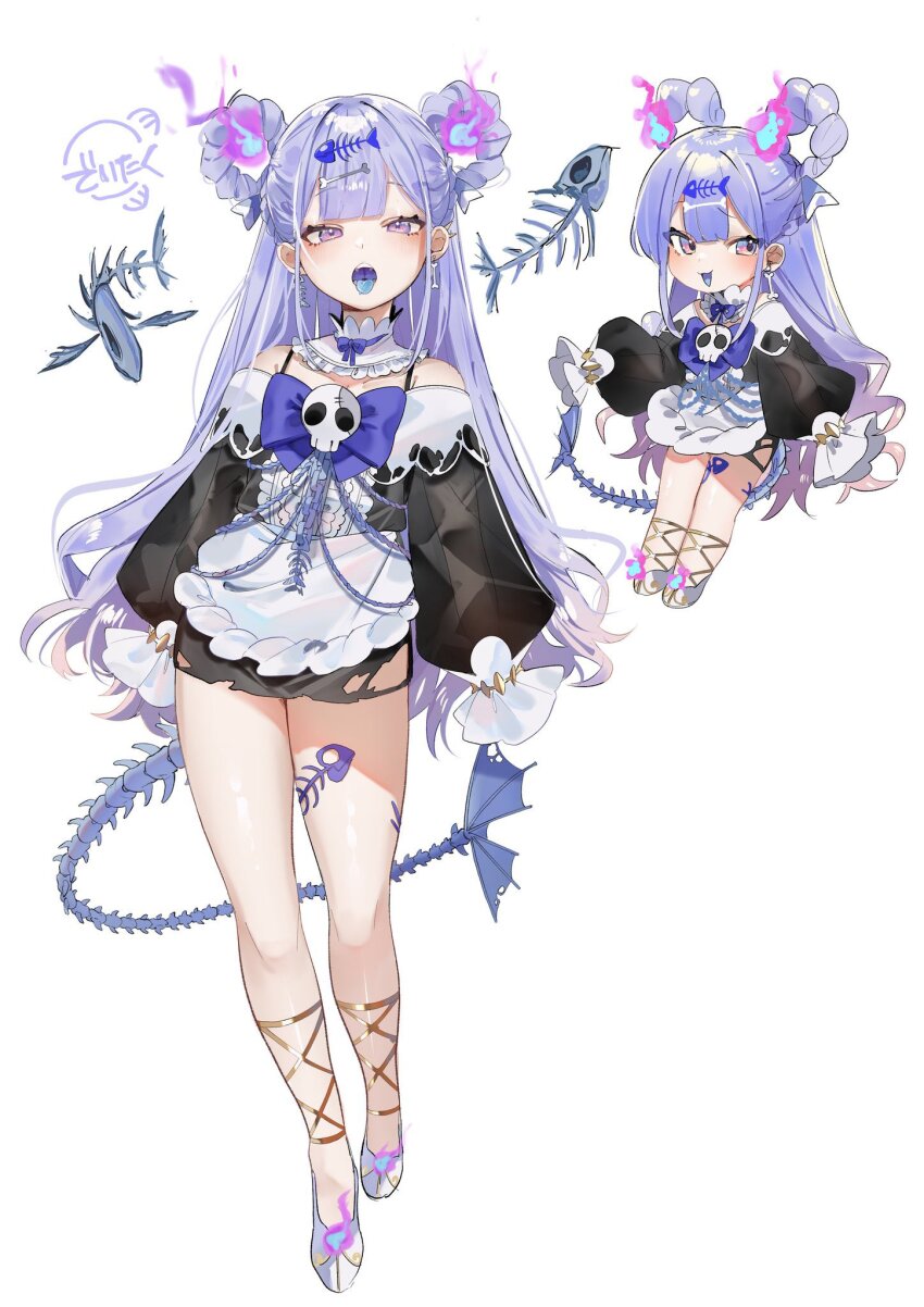 1girl blue_ribbon blue_tongue blush bone_tail colored_tongue commentary deitaku fish_skeleton fish_skeleton_earrings highres original purple_eyes purple_hair ribbon see-through_clothes see-through_sleeves shoes signature skull solo tail white_background