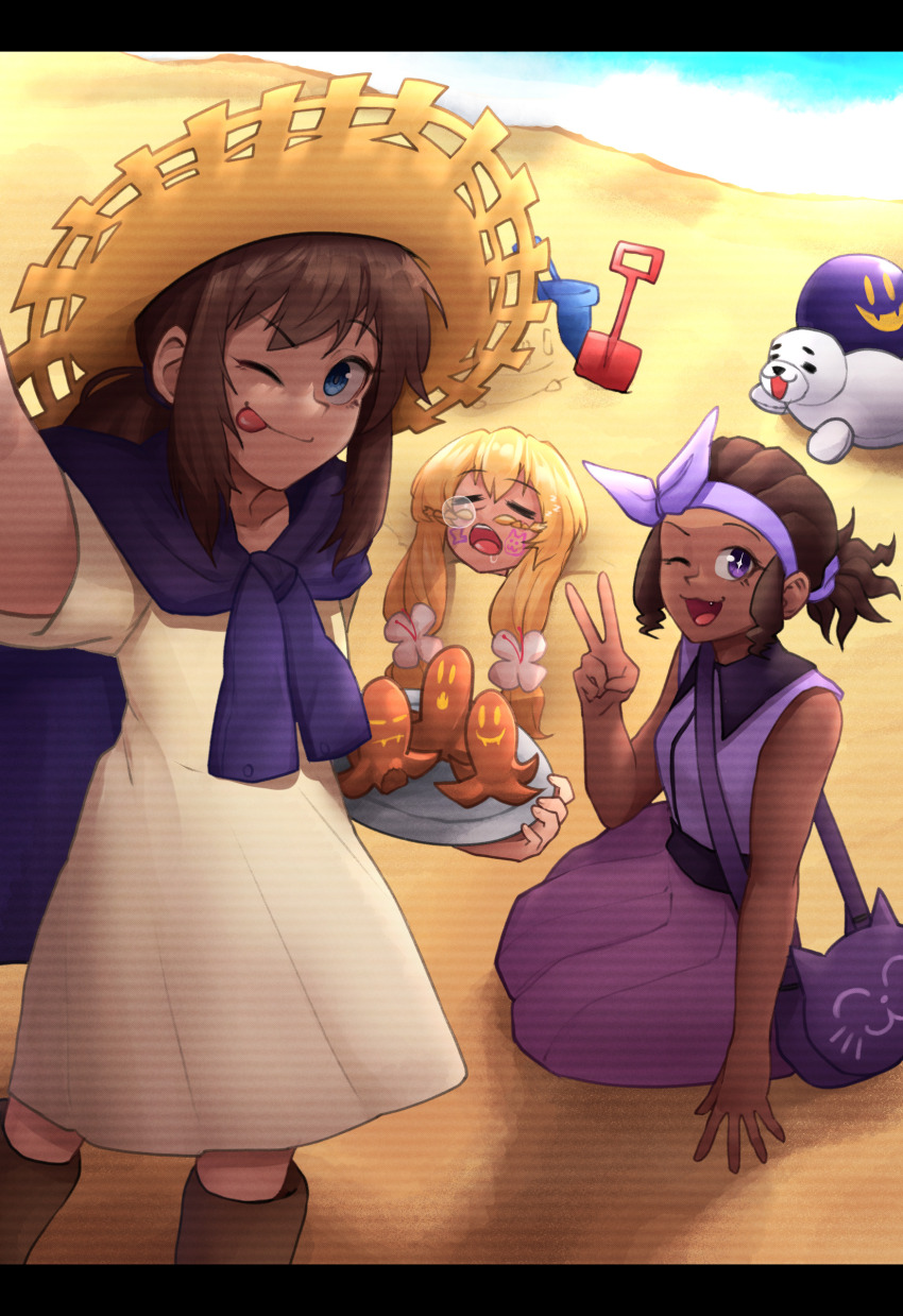 1other 3girls ;3 ;p a_hat_in_time absurdres aged_up alternate_costume animal_print bag ball bare_shoulders beach beachball blonde_hair blue_eyes boots bow bow_hairband bow_kid brown_boots brown_hair bucket buried cat_print closed_mouth collared_dress dark-skinned_female dark_skin dress fang flower food food_art food_with_face from_above hair_flower hair_ornament hair_tie hairband hand_on_ground handbag hannesfkr hat hat_kid highres holding holding_plate jacket jacket_around_neck knee_boots long_hair looking_at_viewer medium_hair multiple_girls mustache_girl nose_bubble ocean one_eye_closed open_mouth partially_buried plate ponytail purple_bag purple_bow purple_dress purple_eyes purple_hairband purple_jacket reaching reaching_towards_viewer sand sand_castle sand_sculpture seal_(animal) selfie short_hair short_sleeves shoulder_strap shovel sidelocks sitting sleeping sleeveless sleeveless_dress standing straw_hat tako-san_wiener teeth tongue tongue_out upper_teeth_only v very_dark_skin white_flower yellow_dress yellow_hat yokozuwari