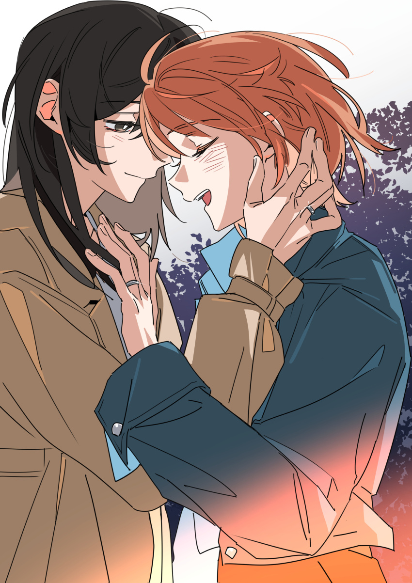 2girls absurdres ahoge black_eyes black_hair blue_jacket blush brown_jacket closed_eyes closed_mouth commentary female_focus highres jacket jewelry koito_yuu long_hair long_sleeves molu_stranger multiple_girls nanami_touko open_mouth orange_hair ring short_hair symbol-only_commentary teeth upper_teeth_only wedding_ring wife_and_wife yagate_kimi_ni_naru yuri