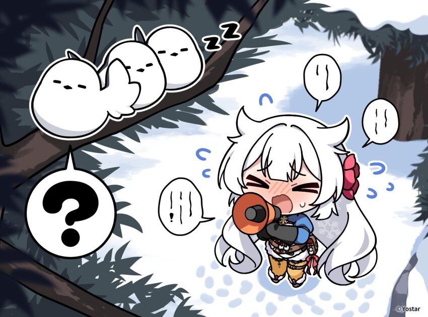 &gt;_&lt; 1girl ? bird black_gloves blue_shrug chibi chibi_only closed_eyes commentary_request double-parted_bangs failure flower flying_sweatdrops footprints fuyuka_(stella_sora) gloves hair_flower hair_ornament highres holding holding_megaphone in_tree megaphone official_art open_mouth outdoors pantyhose pink_flower raised_inner_eyebrows shrug_(clothing) sleeping_animal snow solo speech_bubble spoken_question_mark standing stella_sora tree white_hair yellow_pantyhose zzz