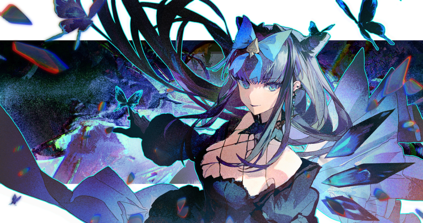1girl abstract_background arcaea black_background black_butterfly black_dress black_hair black_wings blue_bow blue_eyes bow breasts bug butterfly cleavage commentary crystal_wings dress english_commentary hair_bow highres insect letterboxed lobelia_(saclia) long_hair looking_at_viewer puffy_sleeves sidelocks smile solo tairitsu_(arcaea) tairitsu_(tempest)_(arcaea) upper_body wings