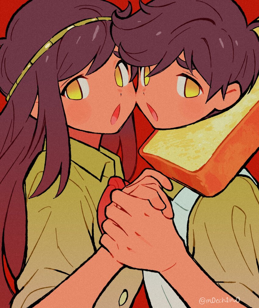 1boy 1girl absurdres apron biscuit_(omori) blush brother_and_sister brown_hair cheek-to-cheek dark-skinned_female dark-skinned_male dark_skin doughie_(omori) heads_together highres holding_hands long_hair looking_at_viewer moti_(m0cch1m0) omori open_mouth red_background short_hair short_sleeves siblings simple_background twins twitter_username white_apron yellow_eyes