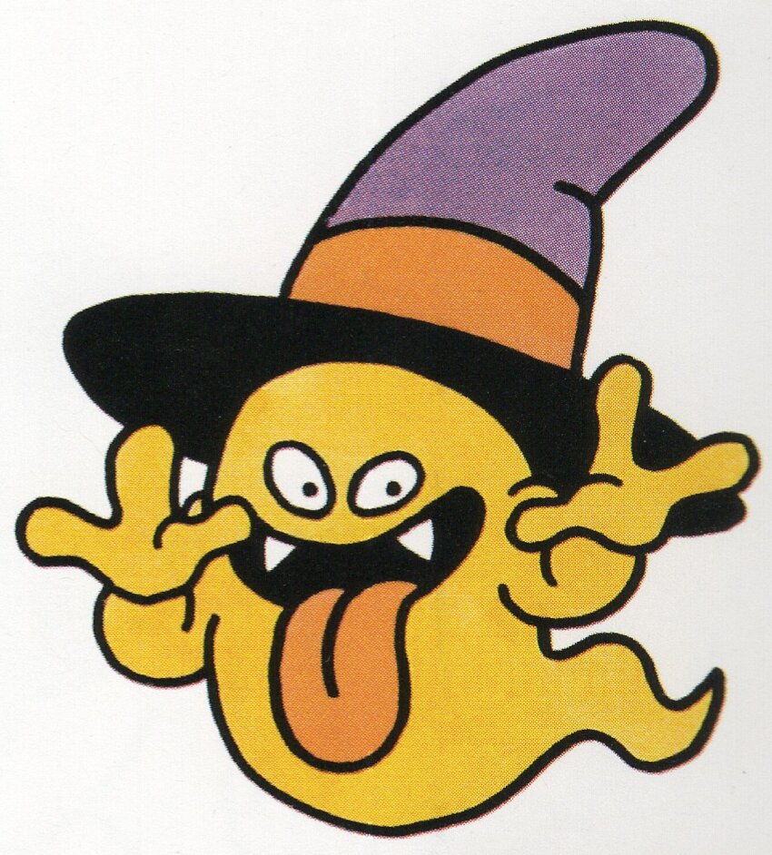 1980s_(style) creature creature_focus dragon_quest fangs ghost ghost_(dragon_quest) hat highres looking_at_viewer looking_to_the_side no_humans official_art oldschool open_mouth purple_hat retro_artstyle scan third-party_source tongue tongue_out toriyama_akira white_background witch_hat