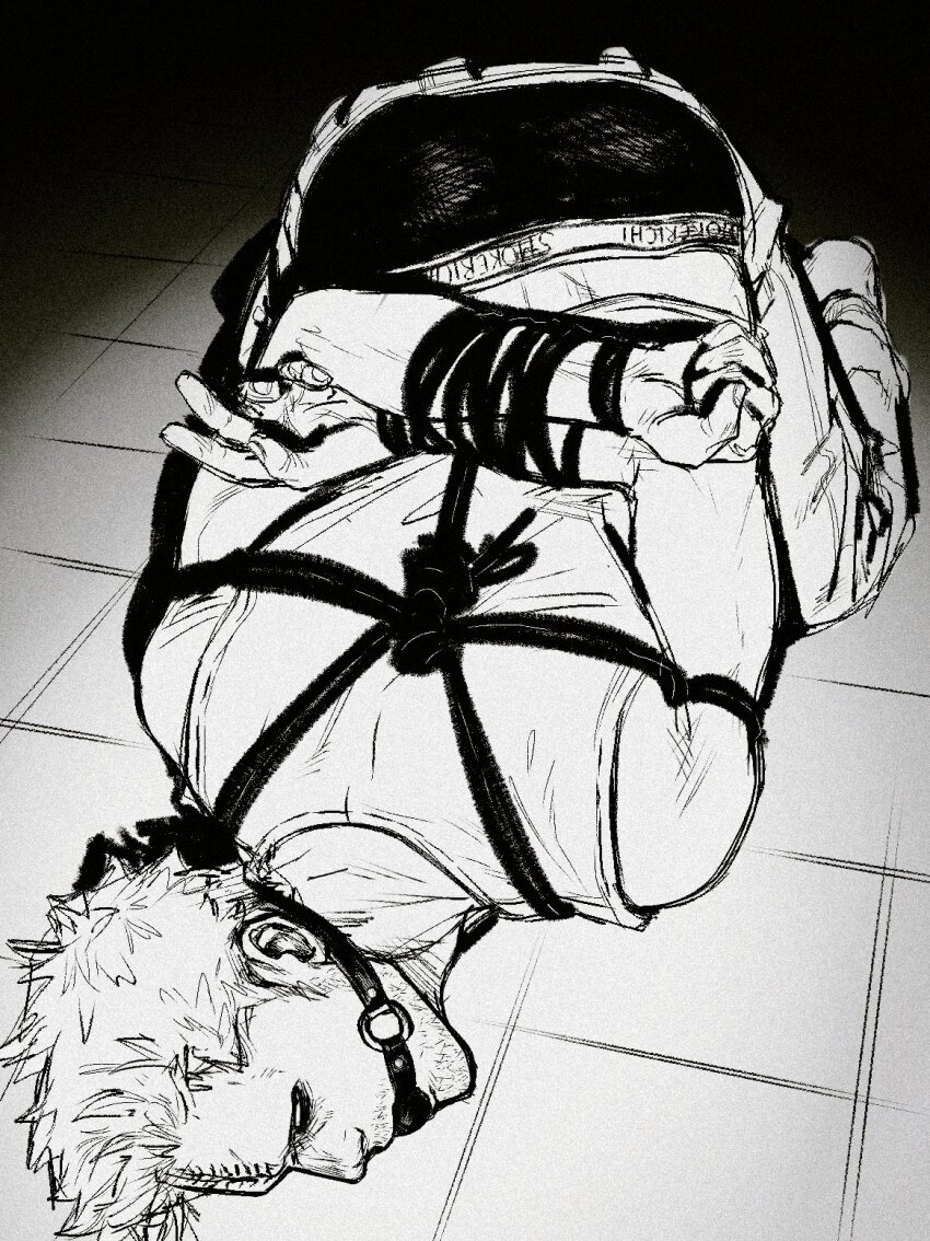 1boy arms_behind_back ass ball_gag bara bdsm boku_no_hero_academia bondage bound bound_arms boxers bubaigawara_jin foreshortening gag gagged greyscale highres male_focus male_underwear mature_male monochrome on_floor rope short_hair smokerichi solo sparse_stubble tank_top toned toned_male underwear