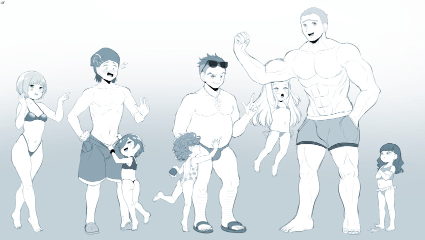 3boys 5girls ^^^ abs absurdres age_difference aged_down animification ass barefoot beanie bikini blunt_bangs born-to-die cartoon_network clothes_pull crocs crossed_arms ed_edd_n_eddy edd_(ed_edd_n_eddy) eddy_(ed_edd_n_eddy) flat_chest gluteal_fold hair_over_eyes hair_over_one_eye hand_in_pocket hat held_up highres lee_kanker loli long_hair looking_at_another looking_at_viewer male_swimwear marie_kanker may_kanker monochrome multiple_boys multiple_girls muscular muscular_male navel nazz one-piece_swimsuit open_mouth polka_dot polka_dot_swimsuit pulling_another&#039;s_clothes sandals sarah_(ed_edd_n_eddy) short_hair shorts shorts_pull side-tie_bikini_bottom smile standing standing_on_one_leg sunglasses_on_head swimsuit tiptoes toes