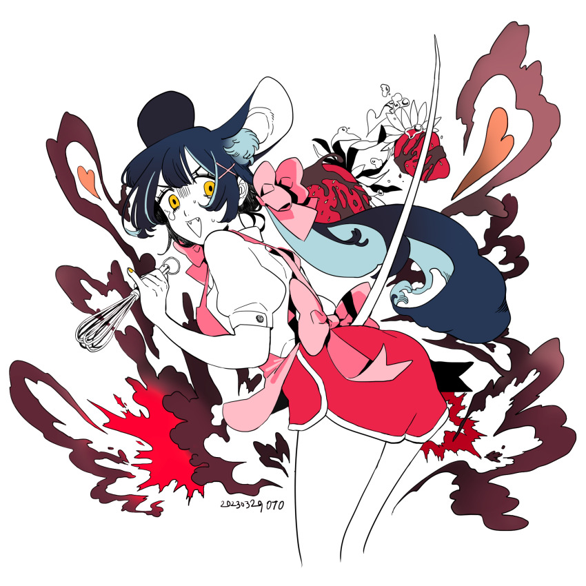 1girl animal_ears apron blue_hair bow chocolate-covered_food chocolate_strawberry food fruit hair_bow hair_ornament highres holding holding_whisk korean_commentary kyung_won_joon mouse_ears mouse_girl mouse_tail open_mouth original partially_colored pink_bow shorts solo strawberry tail whisk yellow_eyes yellow_nails