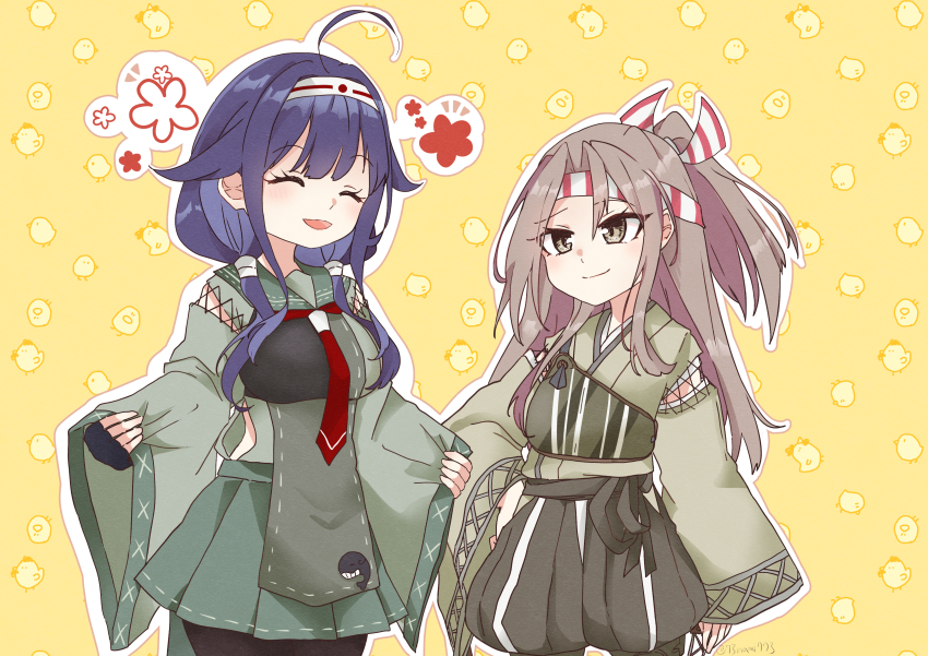 2girls absurdres ahoge brown_eyes hachimaki hair_flaps hairband hakama hakama_shorts headband high_ponytail highres japanese_clothes kantai_collection light_brown_hair long_hair low_twintails multiple_girls muneate nami_nami_(belphegor-5812) ponytail purple_hair ryuuhou_(kancolle) ryuuhou_kai_ni_(kancolle) shorts taigei_(kancolle) twintails wide_sleeves yuri zuihou_(kancolle) zuihou_kai_ni_(kancolle)