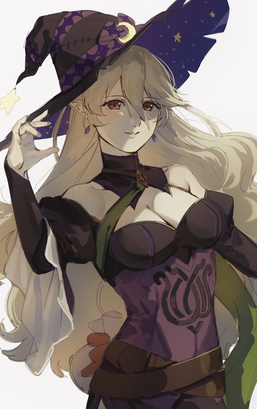 1girl abinosu0903 breasts cleavage corrin_(female)_(fire_emblem) corrin_(female)_(halloween)_(fire_emblem) crossed_belts dress earrings fire_emblem fire_emblem_fates fire_emblem_heroes halloween halloween_costume hat highres jewelry large_breasts long_hair looking_at_viewer nintendo off-shoulder_dress off_shoulder official_alternate_costume pointy_ears red_eyes smile solo witch witch_hat