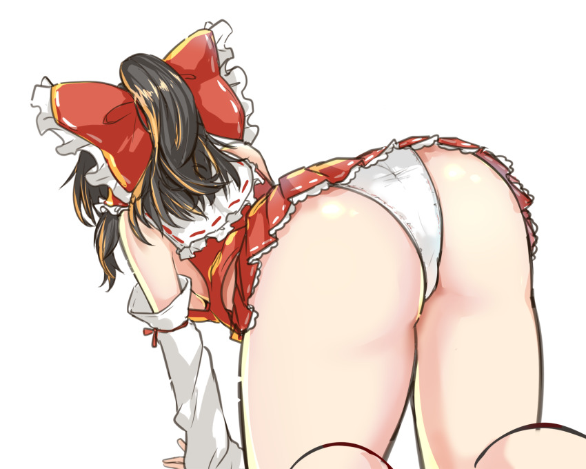 1girl all_fours ass ass_focus bow breasts detached_sleeves hakurei_reimu highres japanese_clothes medium_hair miko miniskirt panties pantyshot red_bow red_shirt red_skirt shirt simple_background skirt solo take_no_ko thighs touhou underwear upskirt white_background white_panties