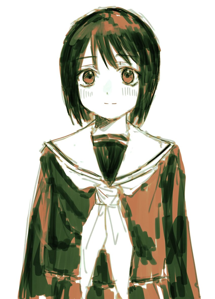 1girl blush bob_cut brown_eyes closed_mouth commentary highres kobarukawa light_smile long_sleeves looking_at_viewer monochrome nakahara_misaki neckerchief nhk_ni_youkoso! sailor_collar school_uniform sepia serafuku short_hair simple_background sketch skirt solo standing straight-on upper_body white_background