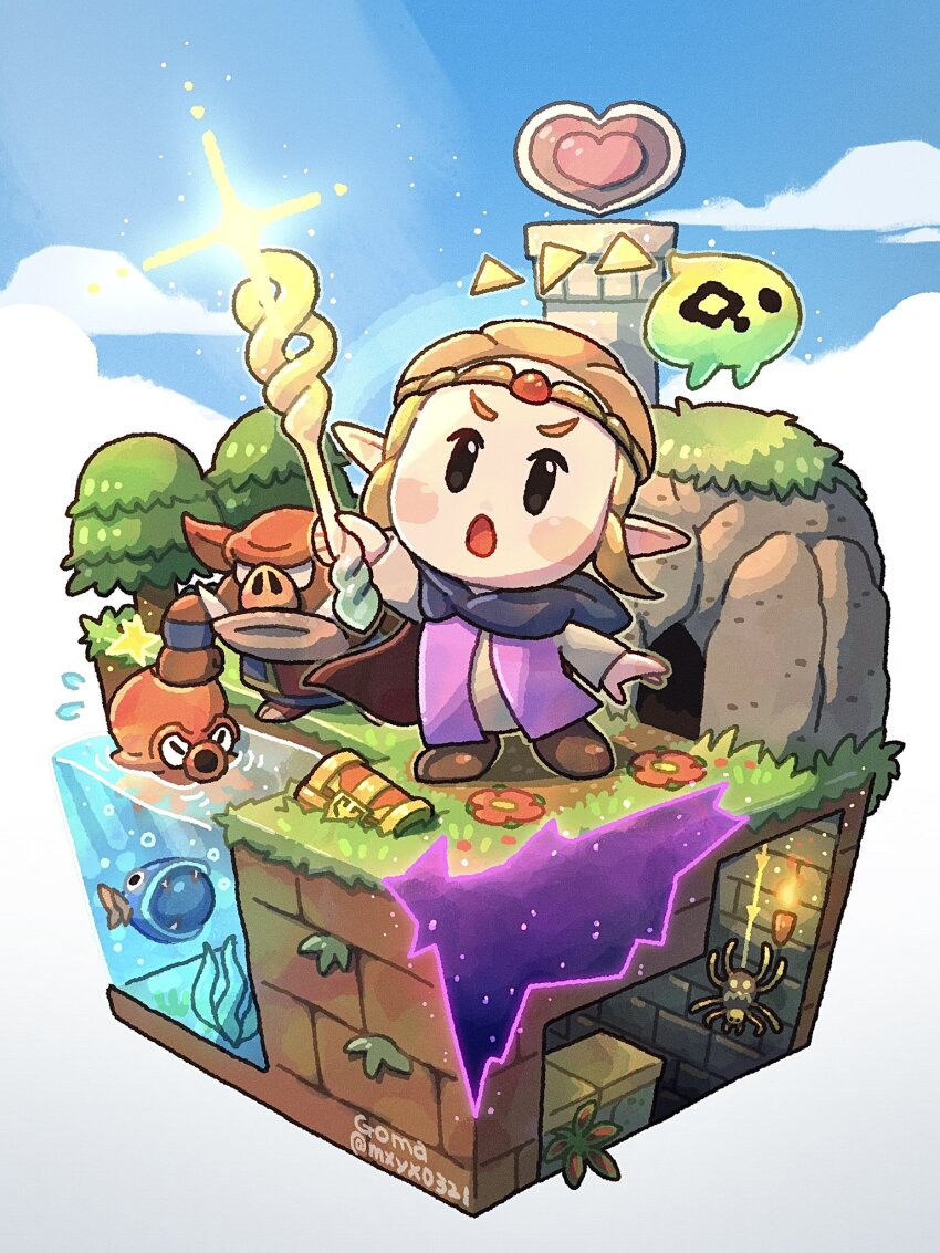 1girl :o air_bubble arm_up artist_name black_eyes blonde_hair blue_cloak blue_sky blush blush_stickers brown_footwear bubble bug chibi circlet cloak closed_mouth cloud commentary_request day dress dungeon fangs fire fish flower flying_sweatdrops gem grass hair_pulled_back heart highres holding holding_staff isometric long_hair long_sleeves looking_at_viewer mage_staff moblin mxyx0321 nintendo octopus octorok open_mouth outdoors plant pointy_ears princess_zelda punching purple_dress red_flower red_gemstone rock seaweed shoes short_eyebrows sidelocks skulltula sky spider staff the_legend_of_zelda the_legend_of_zelda:_echoes_of_wisdom torch treasure_chest tree tri_(zelda) tri_rod tusks twitter_username underwater v-shaped_eyebrows water white_dress