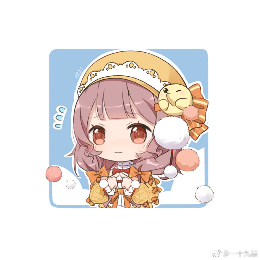 1girl baby_animal beret bird bird_hair_ornament blue_background bow bow_button bowtie braid brown_eyes brown_hair character_request chibi chick chick_hair_ornament chinese_commentary closed_mouth collared_shirt commentary_request cropped_torso eyelashes feijiu_jintian_ge_le_ma flying_sweatdrops frilled_shirt_collar frilled_sleeves frills frown hair_bow hair_ornament hair_over_shoulder hat high_collar jacket light_blush long_hair long_sleeves miracle_nikki multiple_hair_bows nervous nikki_(series) open_clothes open_jacket orange_bow outline own_hands_together pom_pom_(clothes) pom_pom_hair_ornament puffy_long_sleeves puffy_sleeves red_bow red_bowtie shirt sleeve_bow solo striped_bow sweater_jacket tareme twin_braids two-tone_background waist_bow watermark wavy_mouth weibo_watermark white_background white_outline white_shirt yellow_hat yellow_jacket